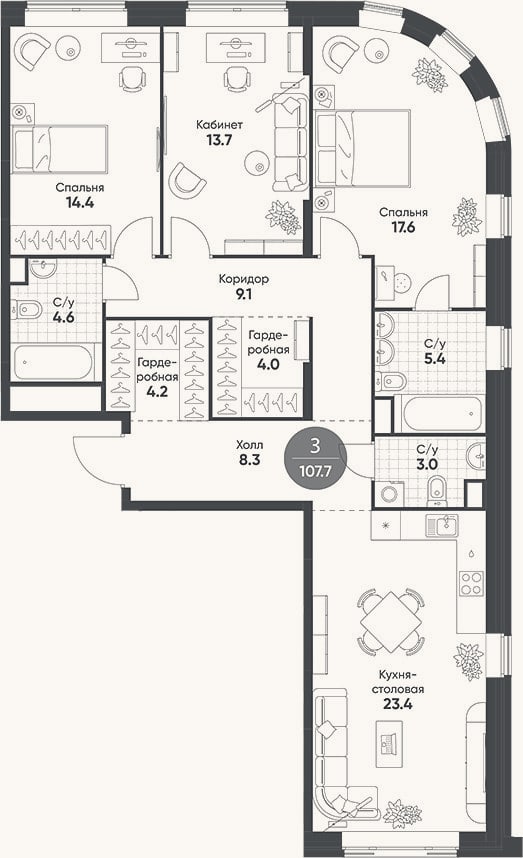 Планировка: 4+ к, 107,7 м²