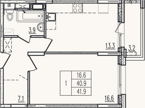 Планировка: 1-к, 40,9 м²