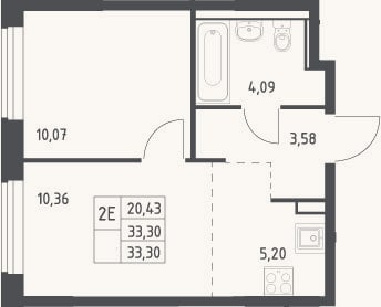 Планировка: 2-к, 33,3 м²