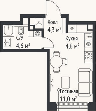 Планировка: Студия, 24,6 м²