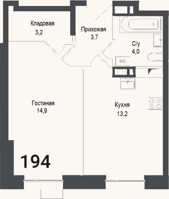 Планировка: 1-к, 39 м²