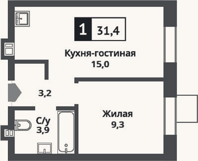 Планировка: 2-к, 31,4 м²