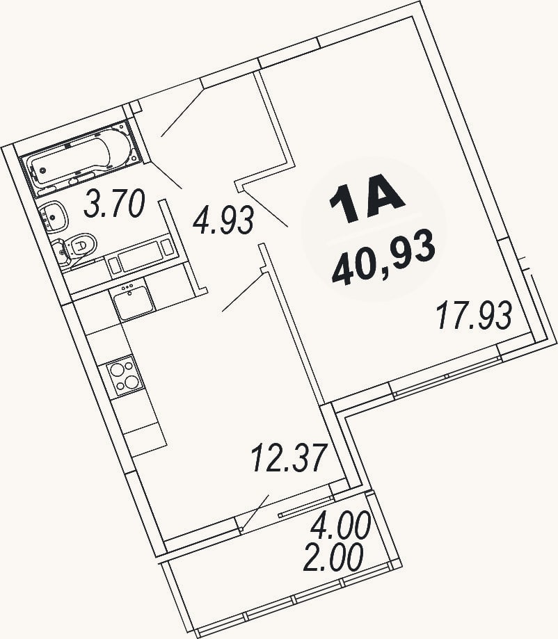 Планировка: 1-к, 38,9 м²