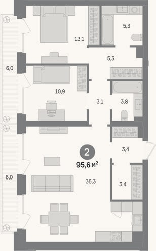 Планировка: 2-к, 83,6 м²
