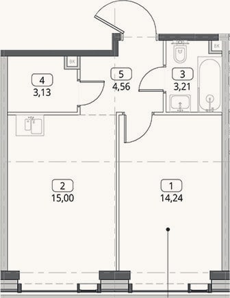 Планировка: 1-к, 40,1 м²
