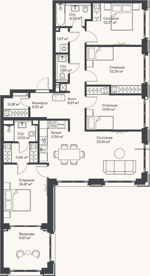 Планировка: 4+ к, 112,9 м²