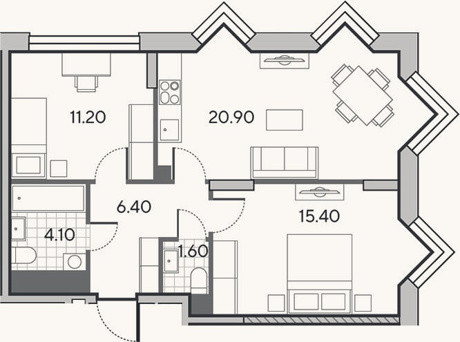 Планировка: 3-к, 59,6 м²