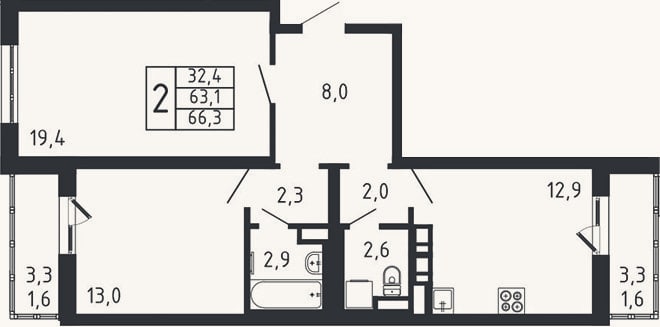 Планировка: 2-к, 63,1 м²