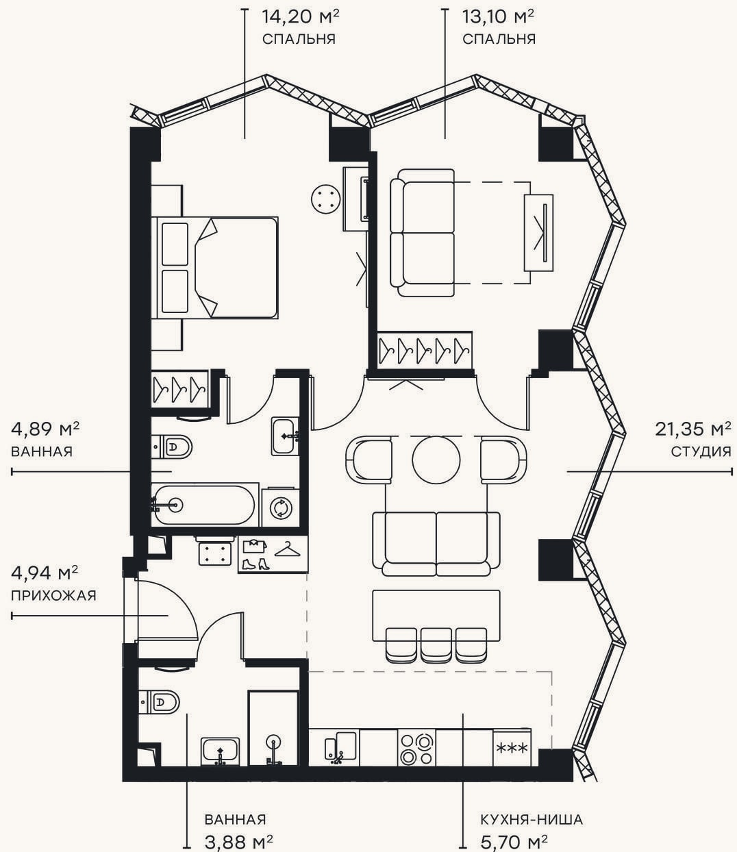 Планировка: 3-к, 68,1 м²