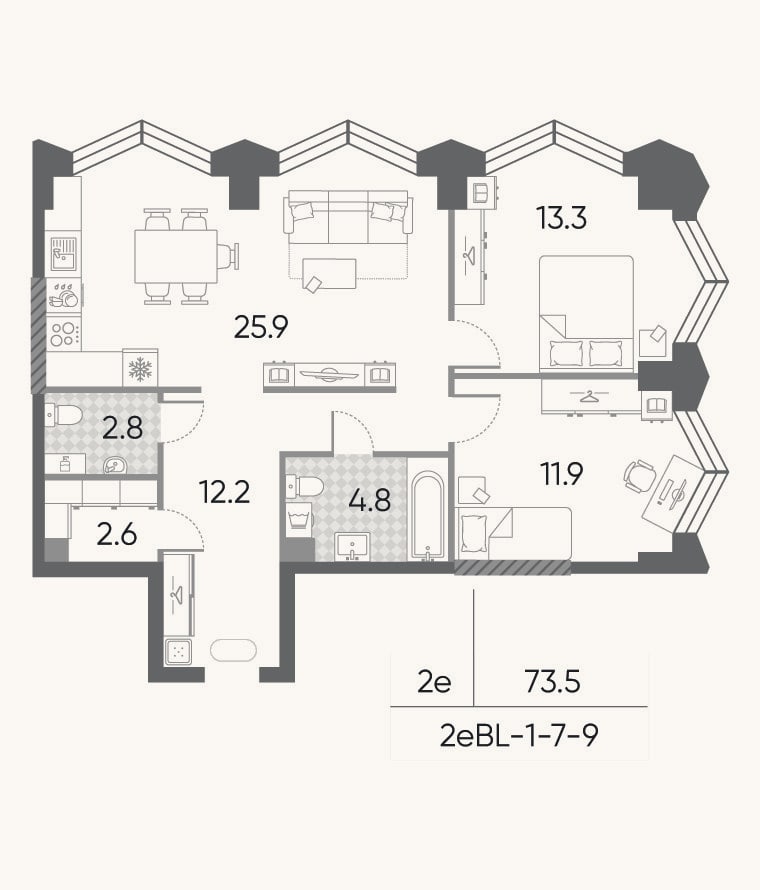Планировка: 3-к, 73,5 м²