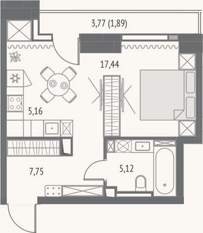 Планировка: Студия, 33,6 м²