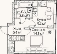 Планировка: 1-к, 32,3 м²