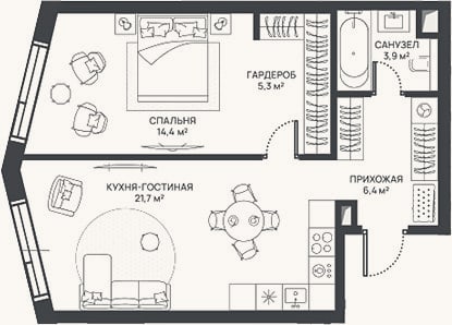 Планировка: 2-к, 51,7 м²