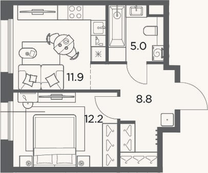 Планировка: 1-к, 37,9 м²
