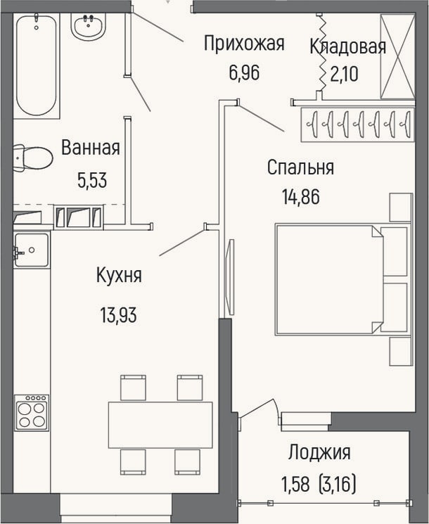 Планировка: 1-к, 43,4 м²