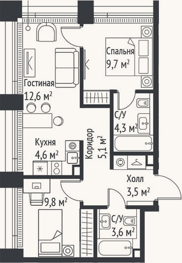 Планировка: 3-к, 53,2 м²