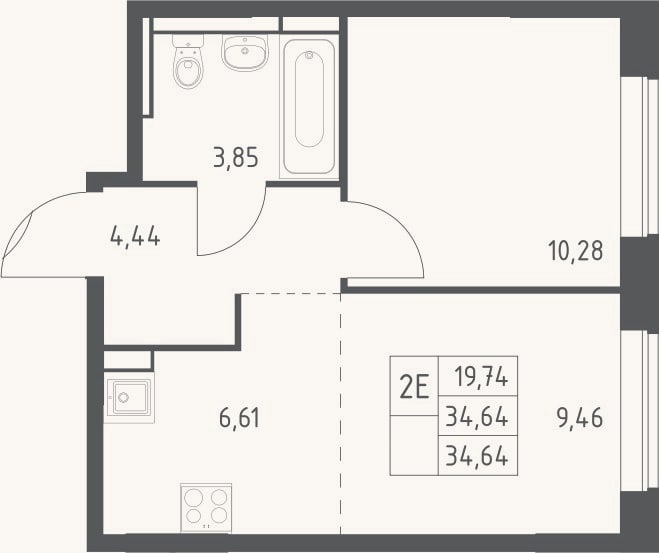 Планировка: 2-к, 34,6 м²