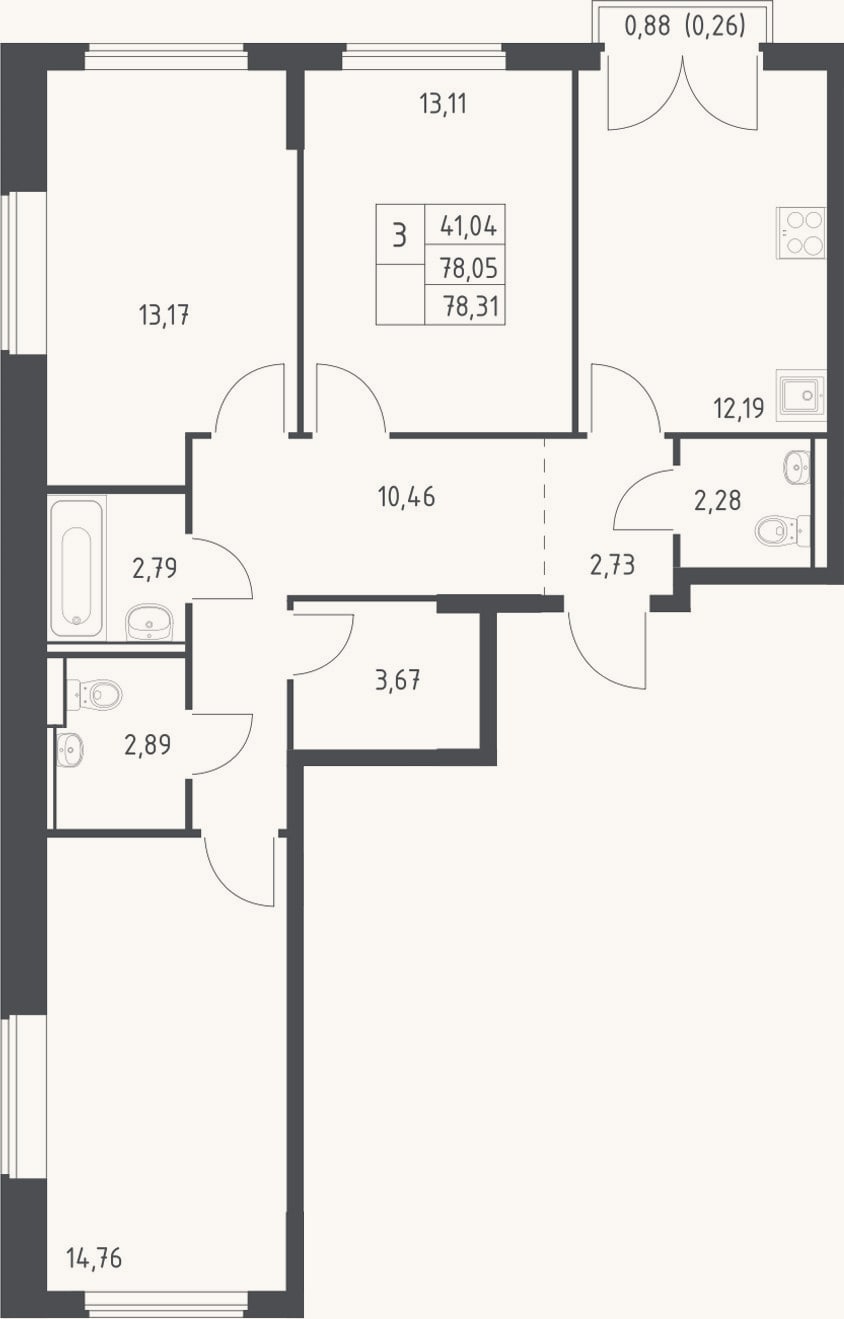 Планировка: 3-к, 78,1 м²