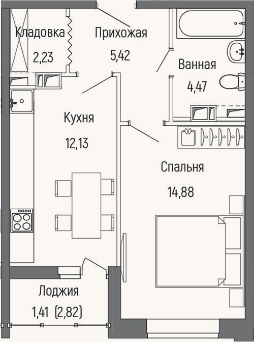 Планировка: 1-к, 39,5 м²