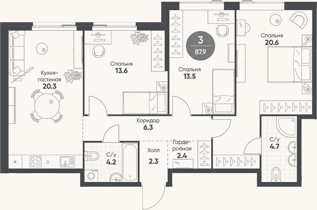 Планировка: 4+ к, 87,9 м²
