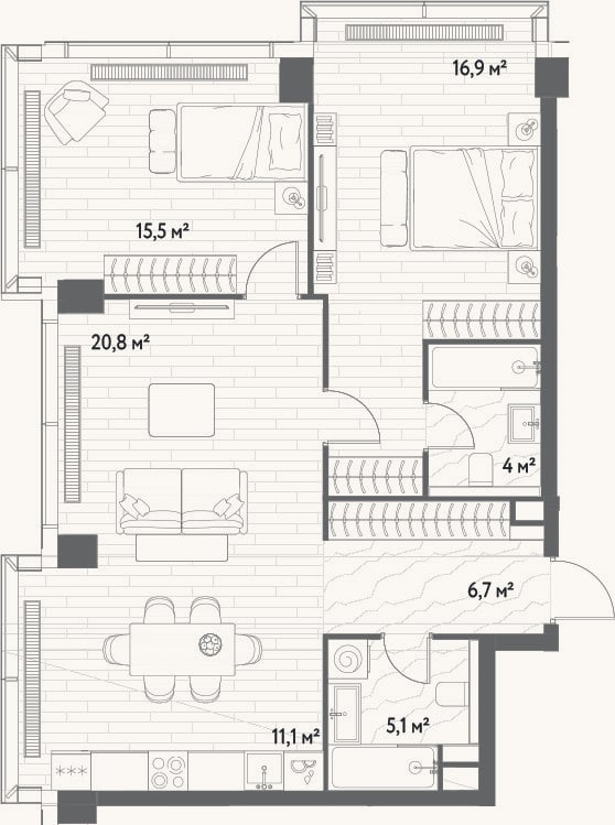 Планировка: 3-к, 83,6 м²