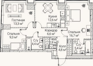 Планировка: 3-к, 75,9 м²