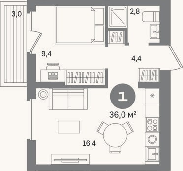 Планировка: 1-к, 33 м²