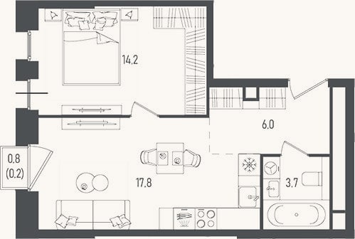Планировка: 2-к, 41,7 м²
