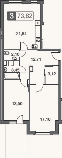 Планировка: 3-к, 73,8 м²