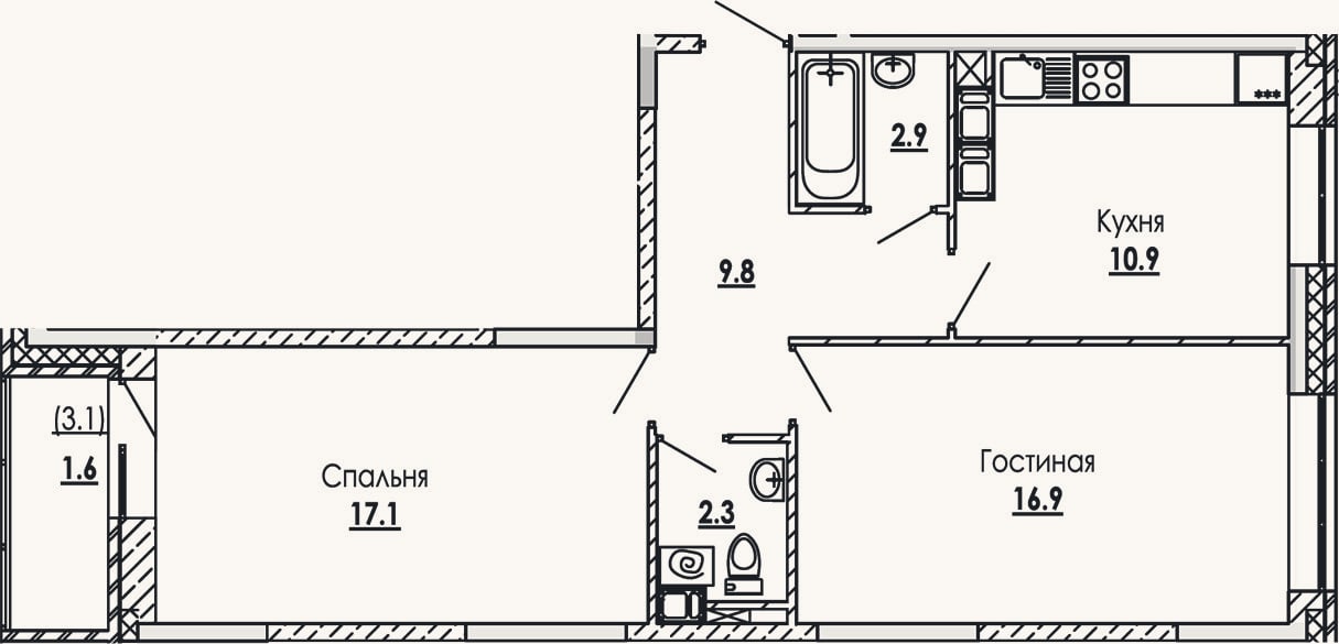 Планировка: 2-к, 59,9 м²