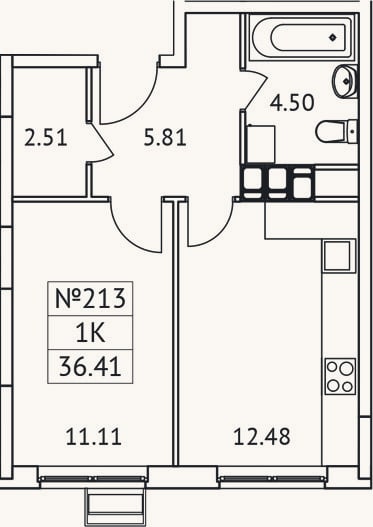 Планировка: 1-к, 36,4 м²