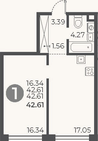 Планировка: 1-к, 42,6 м²