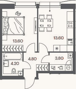 Планировка: 1-к, 40 м²