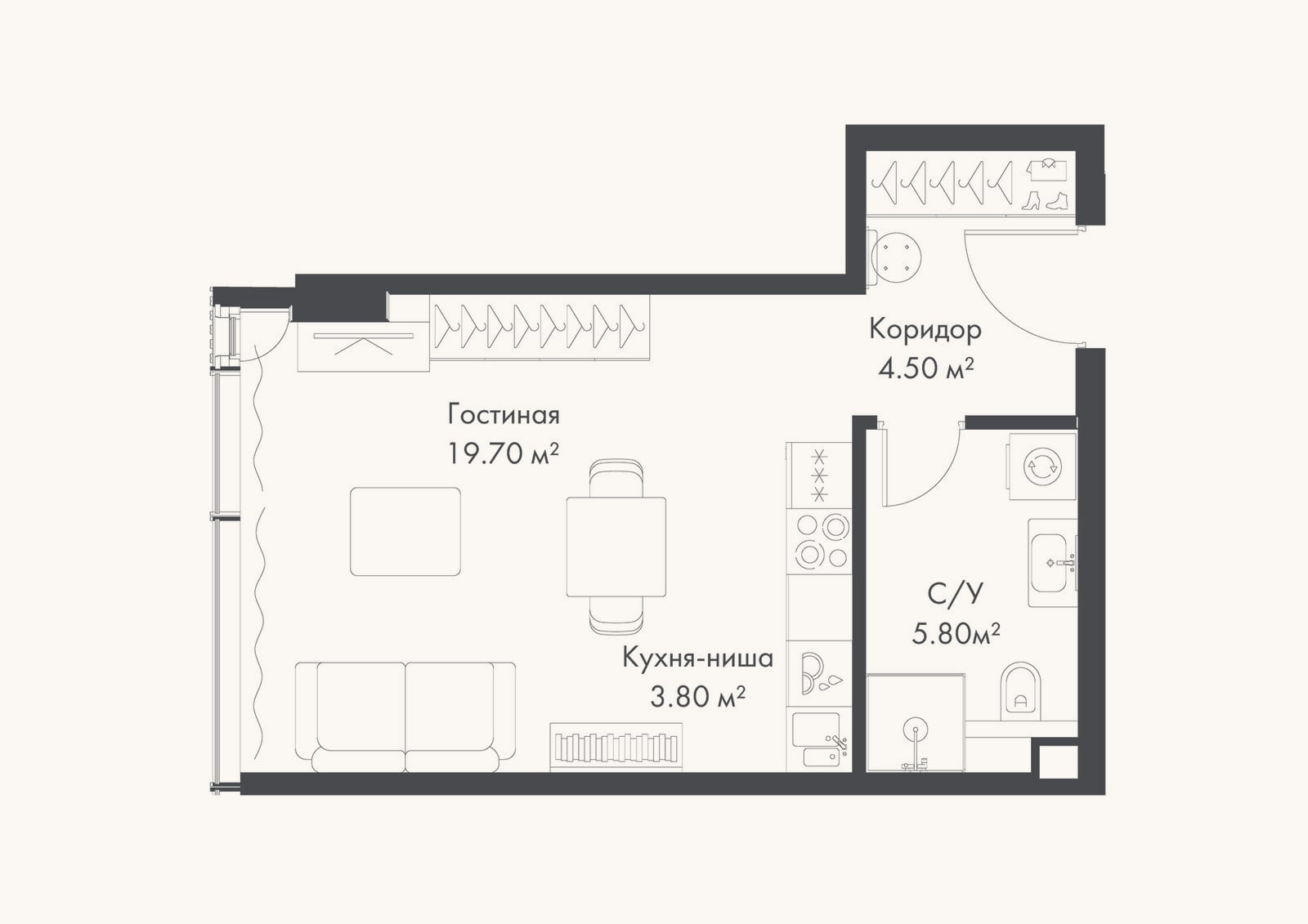 Планировка: Студия, 33,8 м²