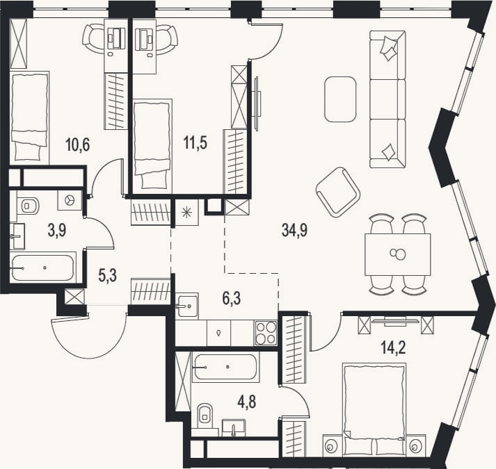 Планировка: 4+ к, 91,5 м²