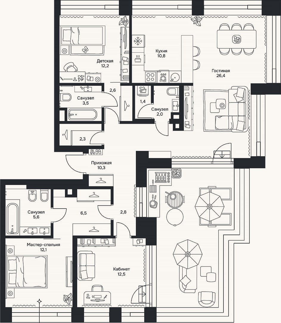 Планировка: 4+ к, 111 м²
