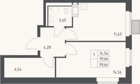 Планировка: 1-к, 39,7 м²