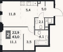 Планировка: 2-к, 43 м²