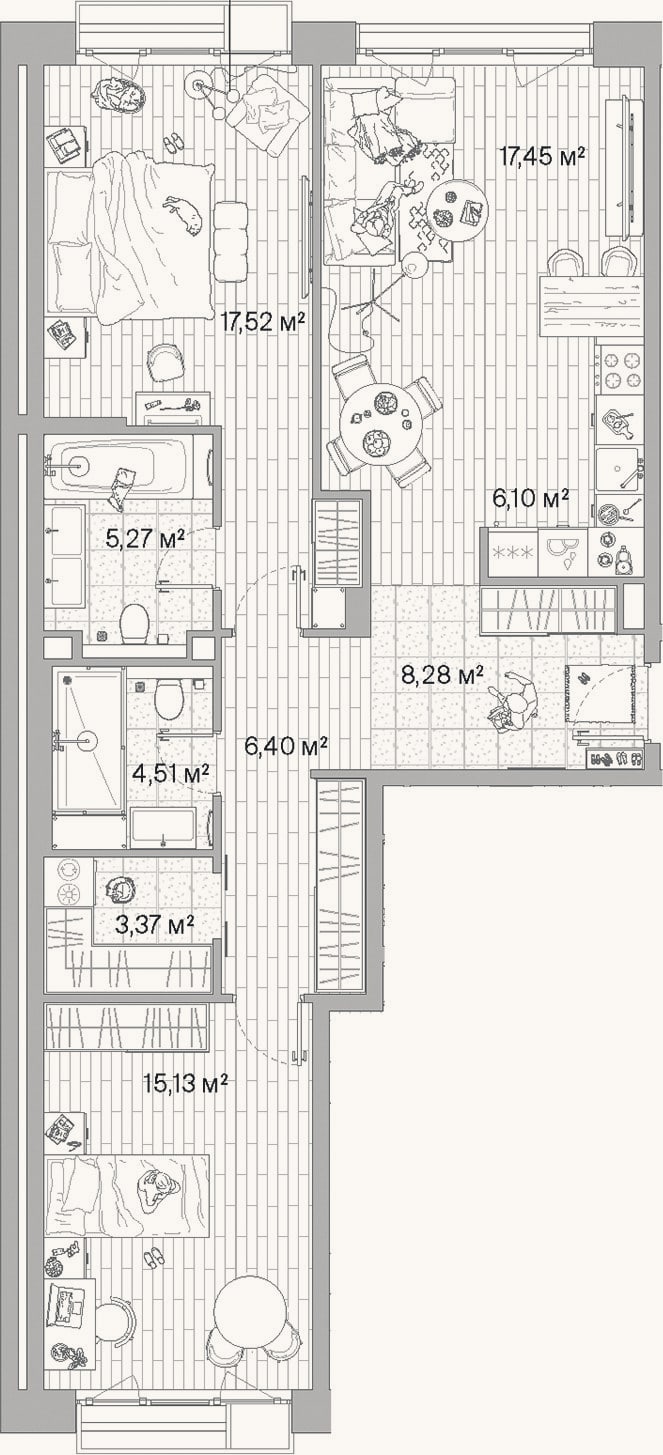 Планировка: 3-к, 84 м²