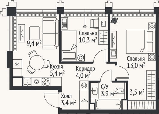 Планировка: 3-к, 52,9 м²
