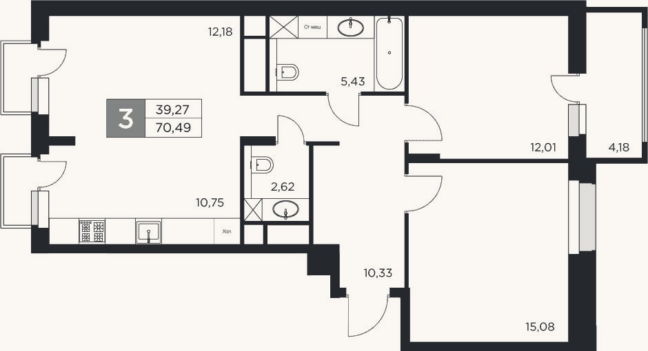 Планировка: 3-к, 68,4 м²