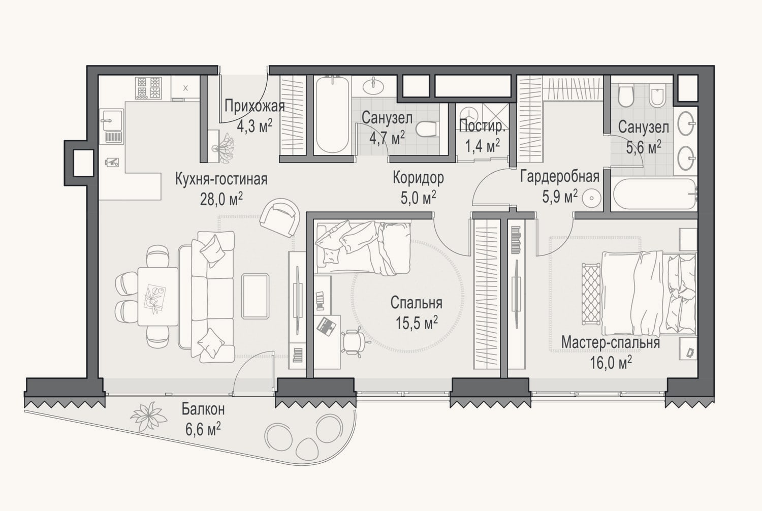 Планировка: 3-к, 87 м²