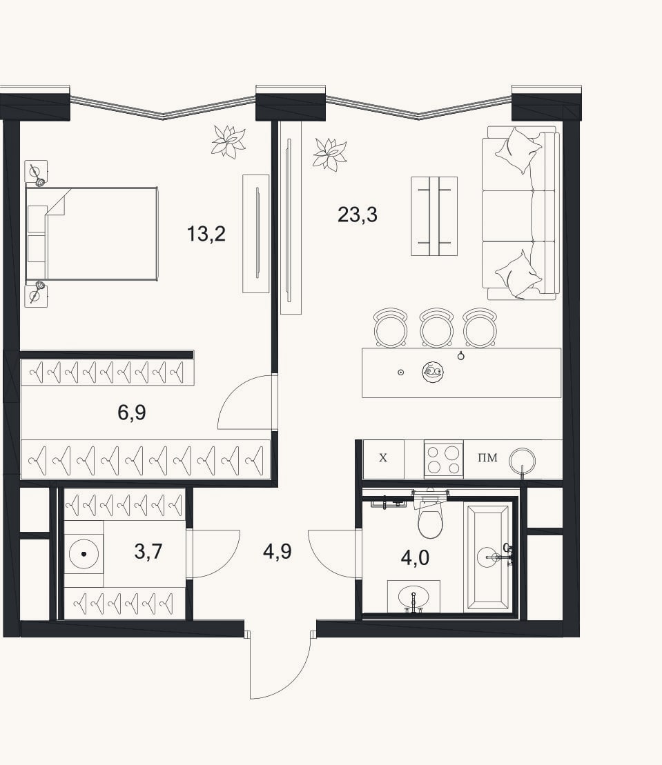 Планировка: 2-к, 56 м²