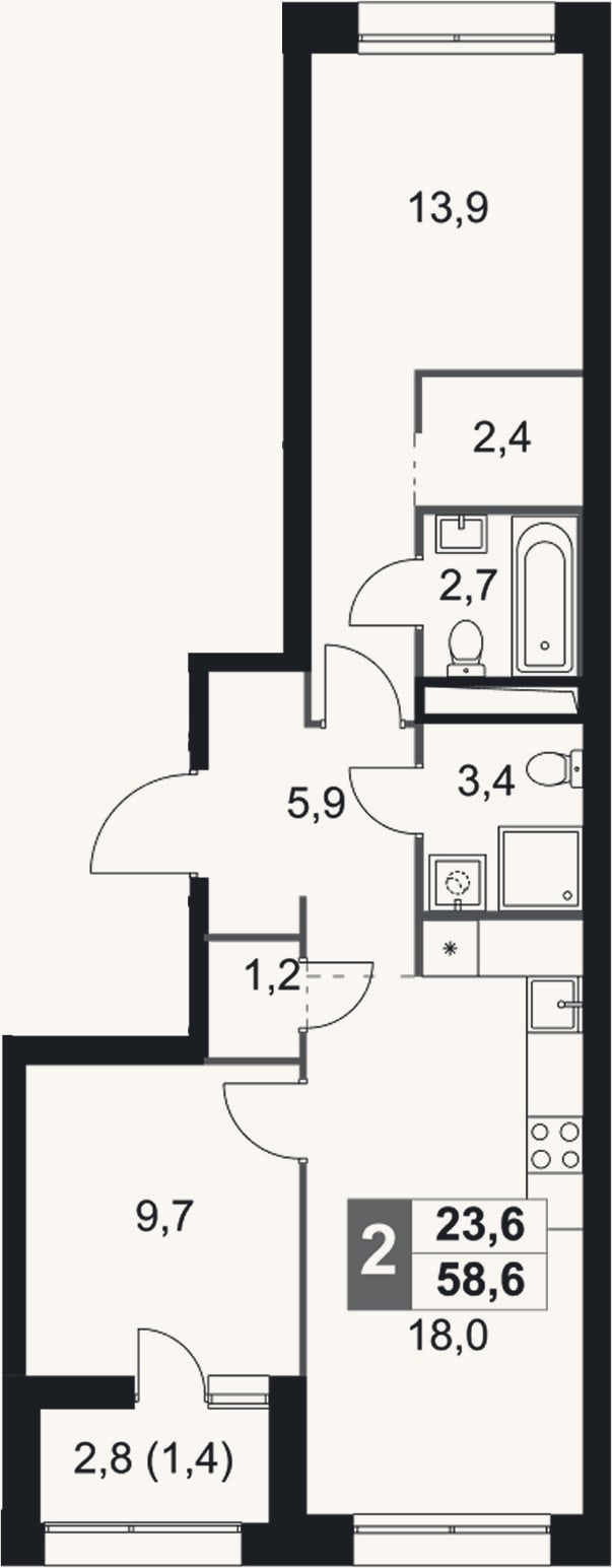 Планировка: 3-к, 57,2 м²