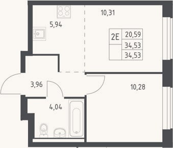 Планировка: 2-к, 34,5 м²