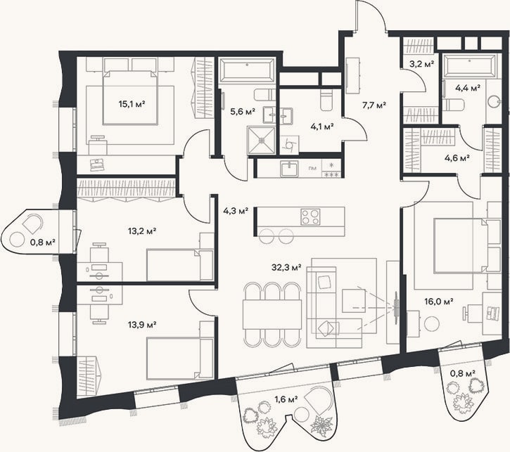 Планировка: 4+ к, 124,4 м²