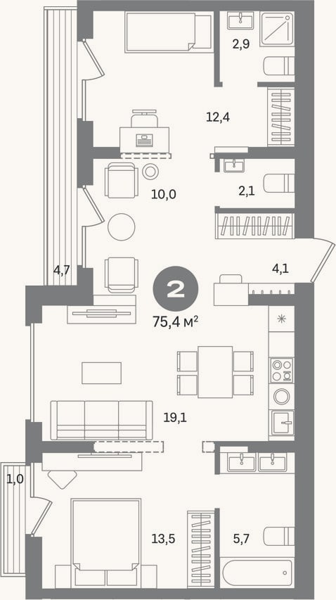 Планировка: 2-к, 69,7 м²