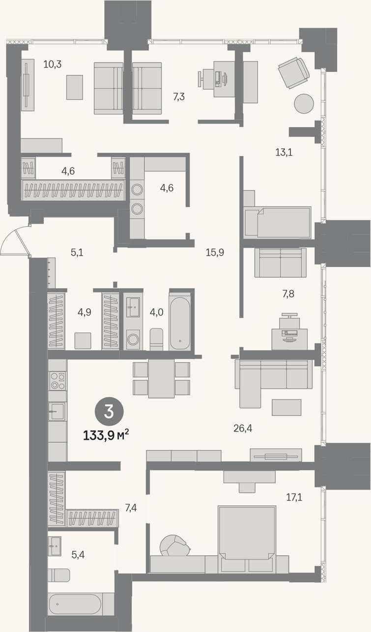 Планировка: 4+ к, 133,9 м²