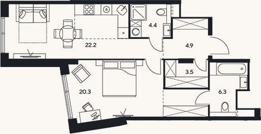 Планировка: 2-к, 61,6 м²