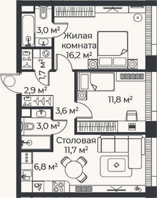 Планировка: 3-к, 60,6 м²